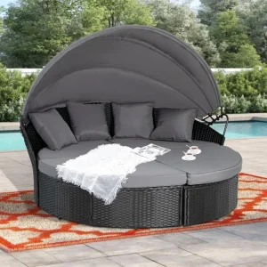 Outdoor Patio Round Daybed with Retractable Canopy